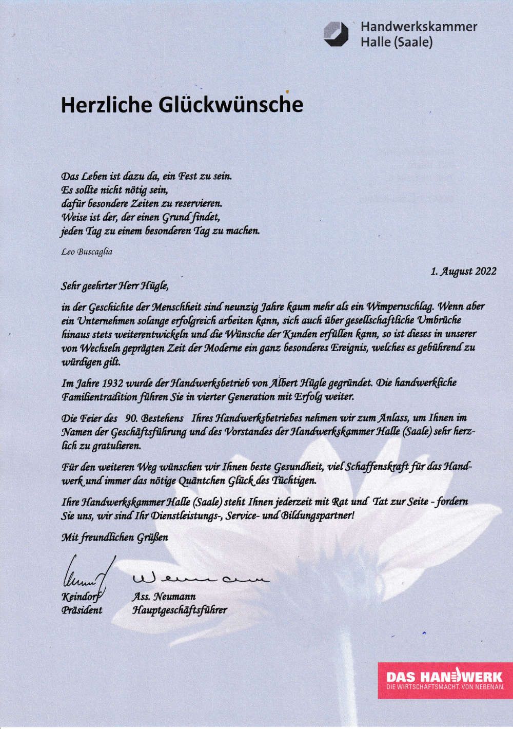 Glückwunschschreiben der Handwerkskammer Halle (Saale) für die Kamera-Spezialwerkstatt Hügle